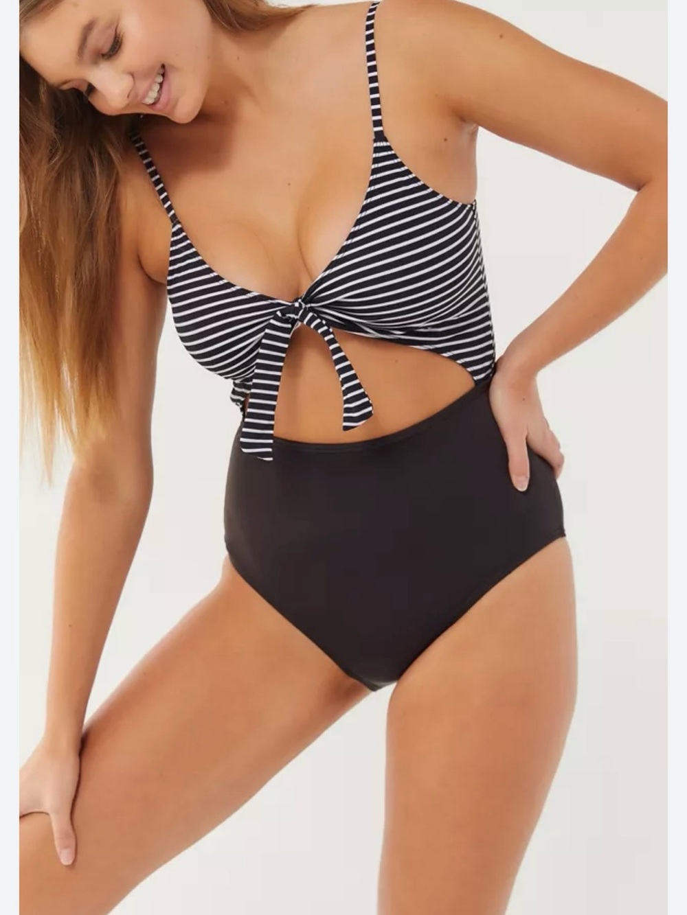 Urban Outfitters Striped Tie-Front Cutout One-Piece Swimsuit - Black & White